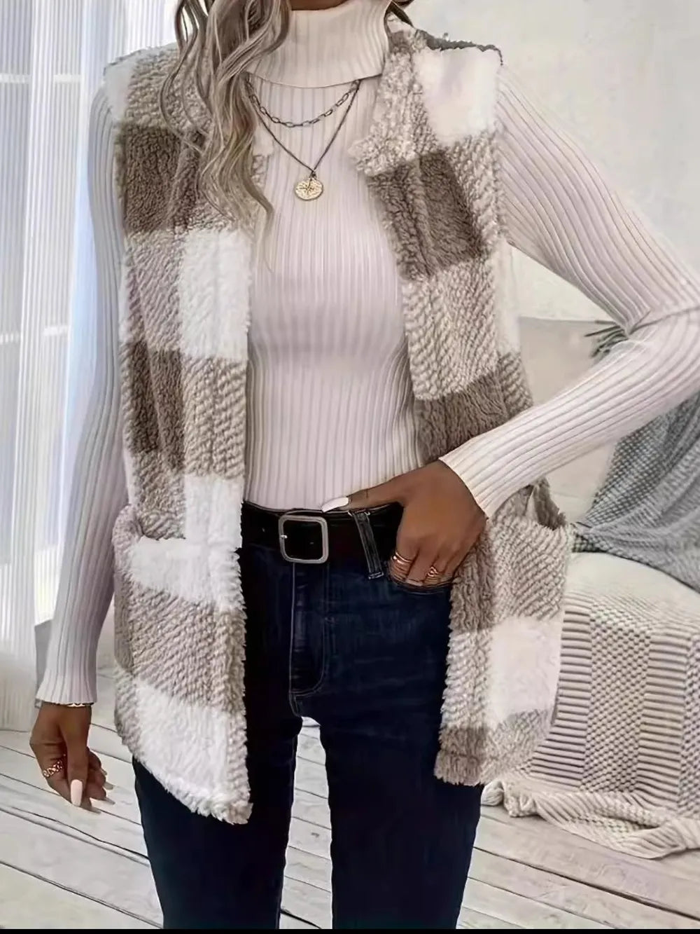 Stylish Plaid Open Front Coat