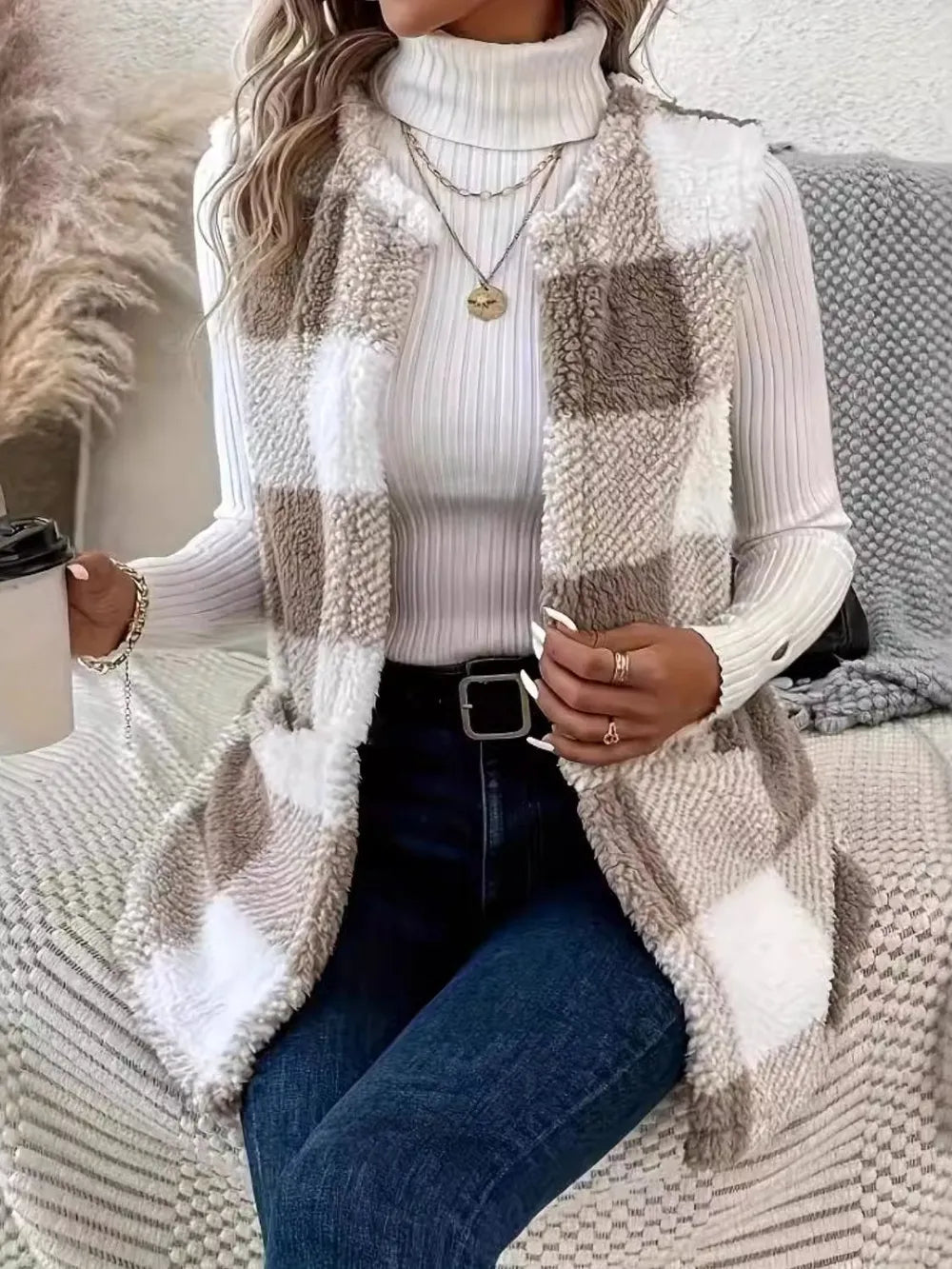 Stylish Plaid Open Front Coat